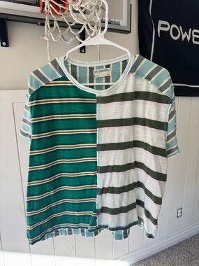 We The Free Green, White & Olive Striped Patchwork Tee